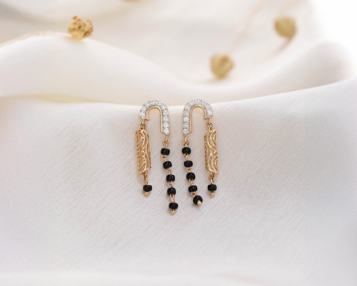 Mangalsutra Earrings | Black Beads Earrings in Gold